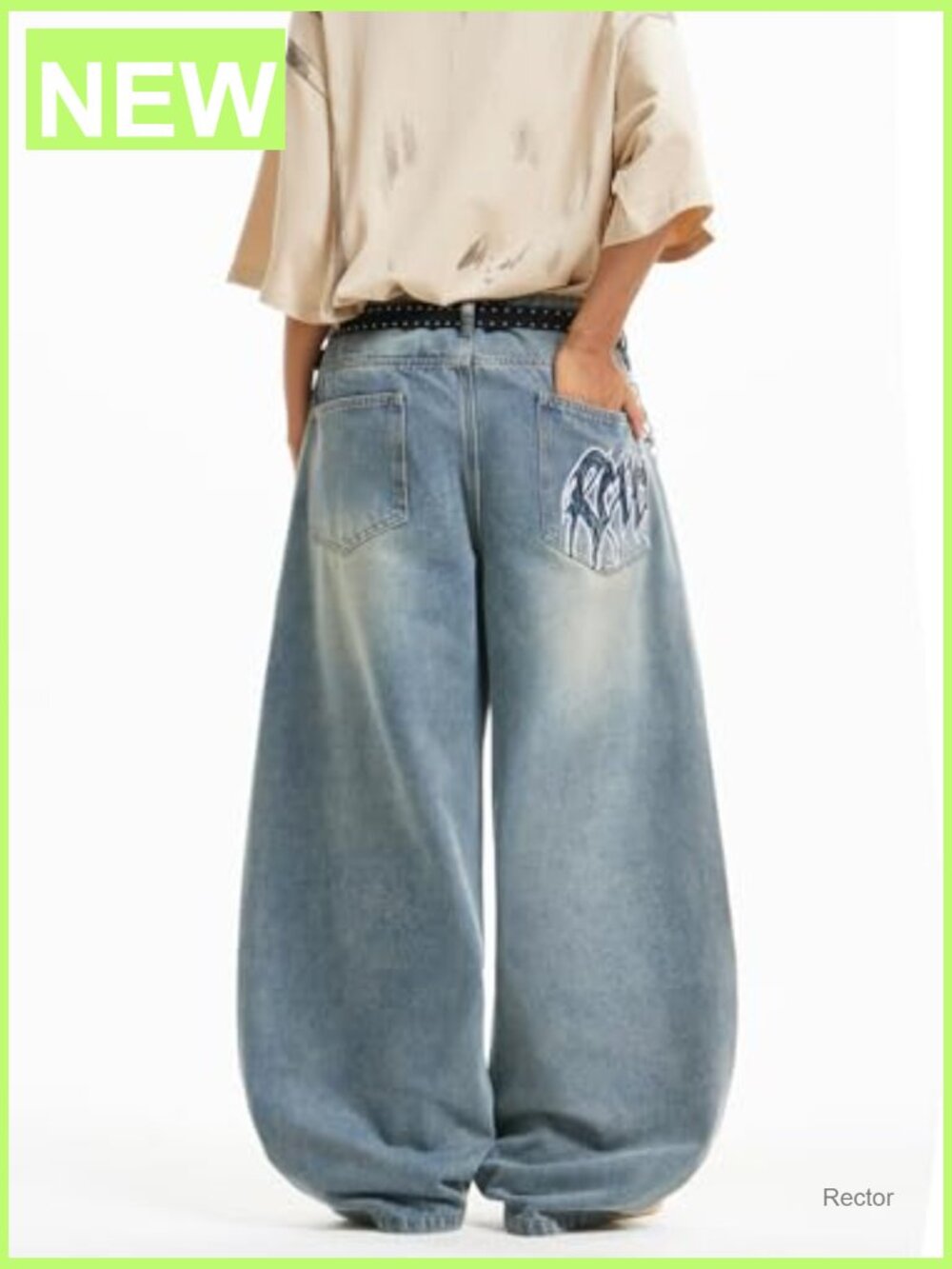 Men’s Hip-Hop Embroidered Baggy Jeans Loose Fit Denim Trousers - Picture 4 of 6